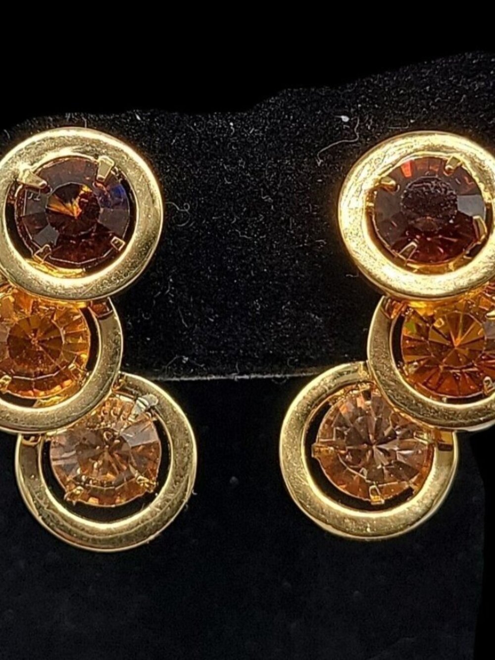 BH China Clip-On Earrings Amber & Brown Rhinestones Vintage Gold Tone